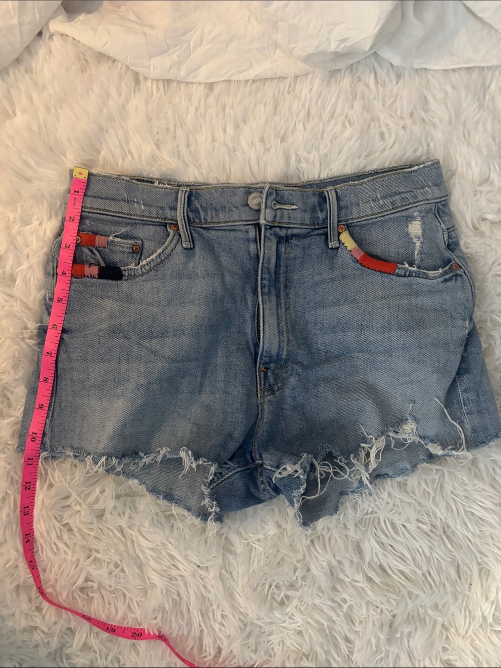 MOTHER Light Blue Denim Cutoff Shorts with Colorful Pocket Embroidery - Picture 11 of 13
